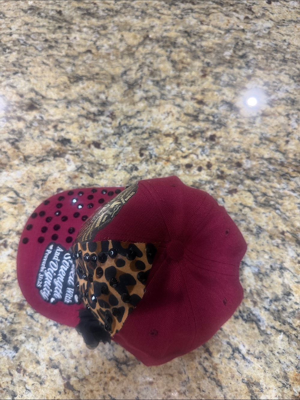 Women's Burgundy Embellished Baseball Cap with Leopard Accent - Picture 5 of 6